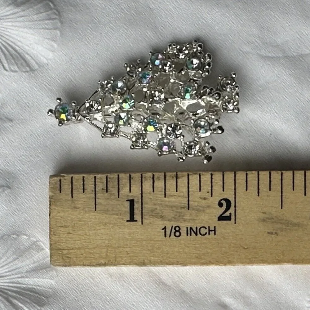VTG Christmas Tree Brooch Pin 2 Inch Silver‎ Rhodium Multicolor AB Rhinestones